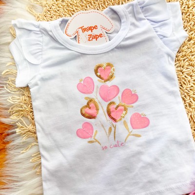 Conj. Blusa So Cute e Short Corações - Branco e Rosa